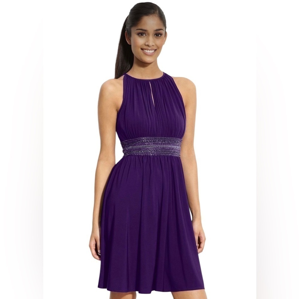 JS Boutique Women's Purple Cutaway Shoulder Beaded Jersey Dress Size‎ 10